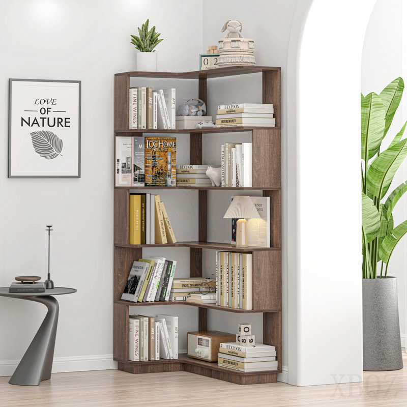 Bibliothèque de coin autoportante en L de 90 cm (35,43 po) à 5 niveaux pour salon, chambre à coucher, bureau à domicile, bibliothèque en bois avec panneau anti-chute et dispositif anti-basculement, tablette ouverte