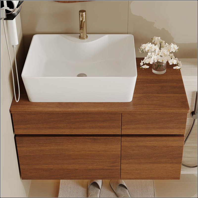 Petit meuble-lavabo mural 31,5 "avec lavabo vasque, Walnut