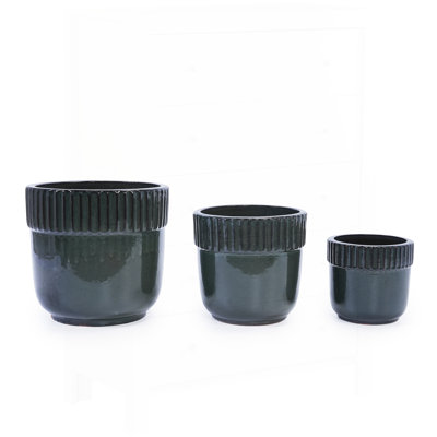 Handmade Ceramic Planter Set of 3, Breathable Clay with Black Ribbed Pattern for Indoor/Outdoor Use, Ideal for Succulents and Herbs
