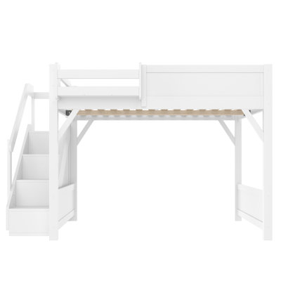 Full Size Loft Bed With Built-In Wardrobe And Storage Space, Solid Wood Loft Bed With Beside Shelves, Full-Length Guardrails And Stairs, No Box Spring Needed, White