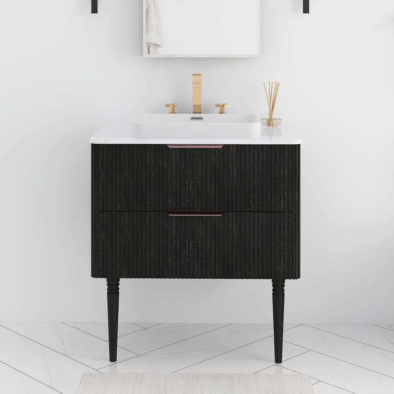 Meuble-lavabo autoportant 30 po à rayures avec plateau en céramique blanche, Noir