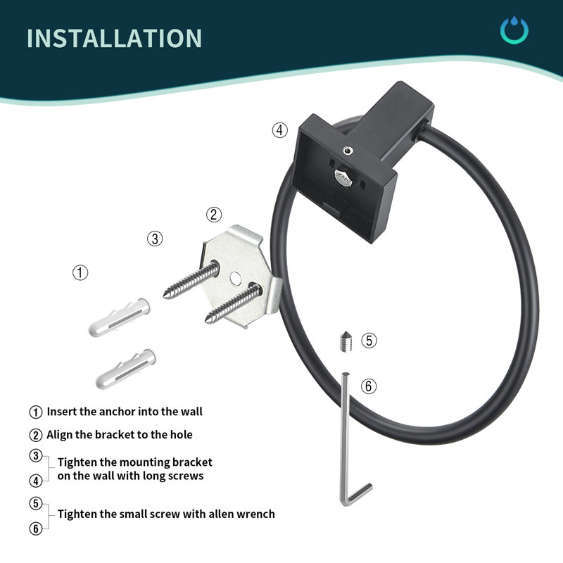 Wall Mounted Towel Ring With Installation Hardware, Black