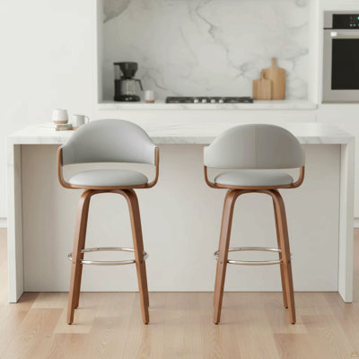Xandot 30" Gray Faux Leather And Walnut Wood Bar Stool