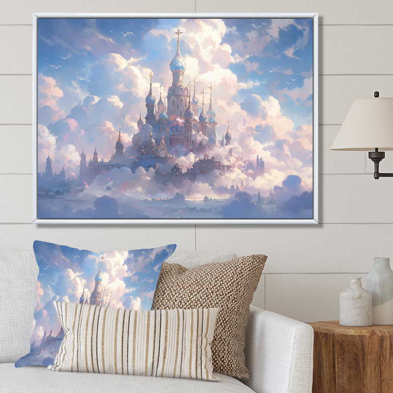 Château dans les nuages I sur toile, H 34 po x l 44 po x P 1,5 po, Cadre flottant blanc