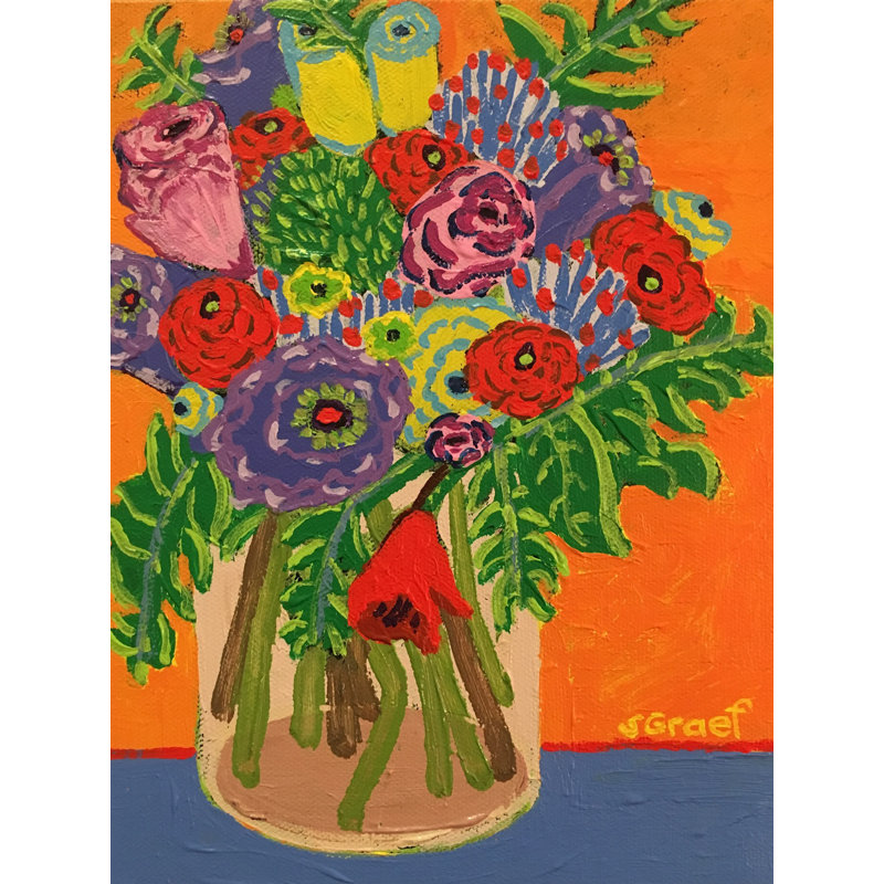 Flowers On Orange Print by Sue Graef, Black Framed Paper, 20" H x 16" W