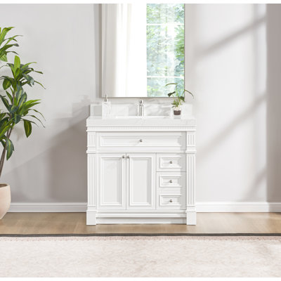 Bellville X P 22 po P 35 po Meuble-lavabo autoportant H blanc mat avec plateau en quartz Calacatta