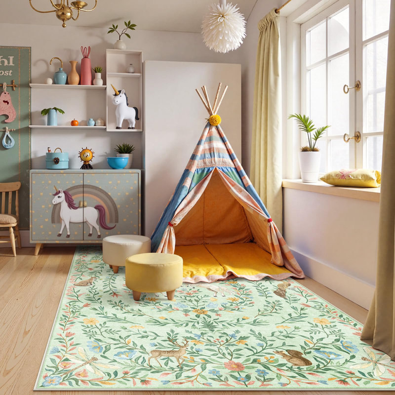 Goldene Machine Washable Area Rugs Non Slip Soft Low Pile Unicorn Floral Farmhouse Moroccan Vintage Carpet, Rectangle 5' x 7'