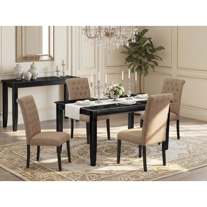 5 Piece Kitchen Table Set for 4 Includes a Rectangle Dining Room Table and 4 Light Sable Linen Fabric Parsons Dining Chairs, 36x60 Inch, Black
