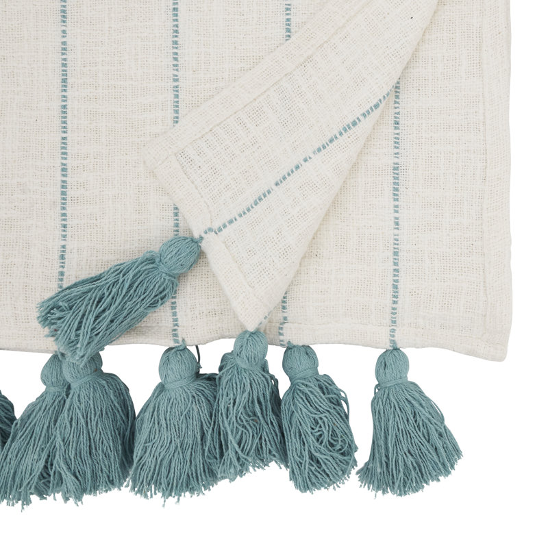 Mint and White Cotton Tassel Stripe Table Runner