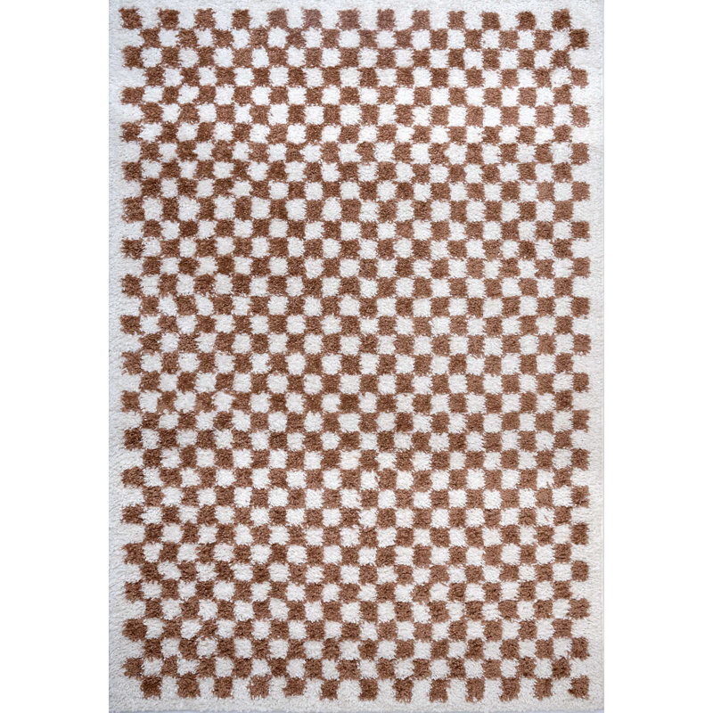 Moodi Modern Shaggy Area Rug Checkered Design, Rectangle 80 x 150 cm, Off-White/Terra