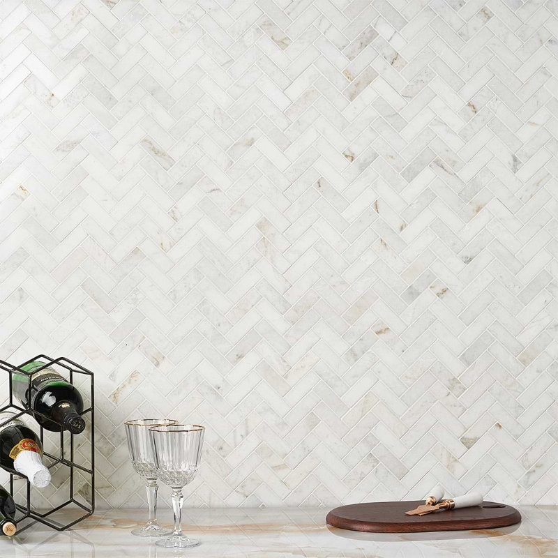 Alaska White Herringbone Polished Marble Tile