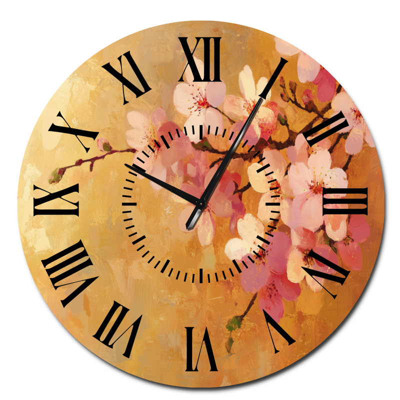 Horloge murale florale cerise dorée, Surdimensionné