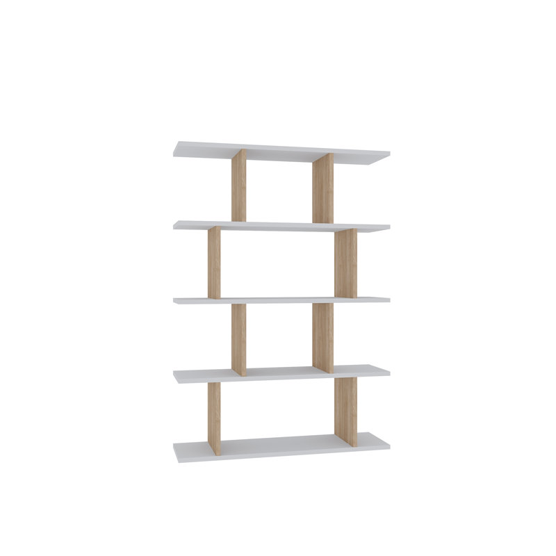 Modern Scandinavian Bookshelf, White w/ Oak, 35.4 x 9.8 x 50.2 inches | 100% Melamine Coated Particle Board, Thickness: 0.7 inches | Wall-Mountable, Numerous Shelves, Stylish & Functional Storage Solution for Home or Office