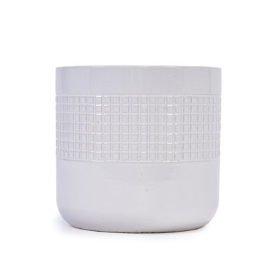 Of 3 Ancient White Glossy Grid Ceramic Planters, All - Weather For Various Settings With Built In Drainage Roots Flowerpot , Versatile Planters Indoor And Outdoor Use Sleek Design Hole