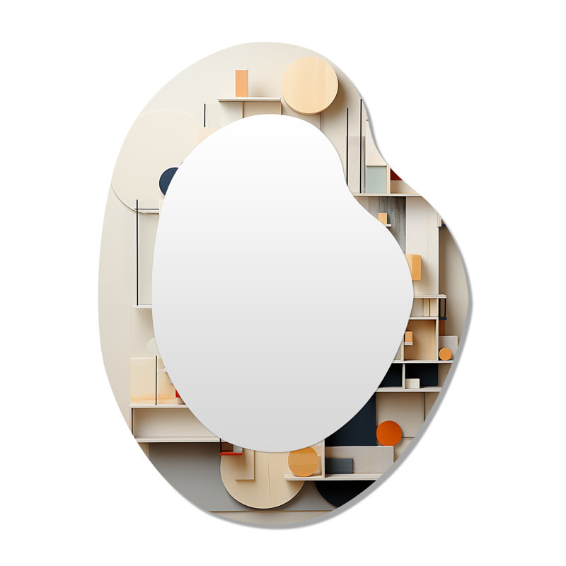 Abstrait géométrique blanc et bleu, formes essentielles - grand miroir asymétrique géométrique, décor de miroir mural unique de forme unique moderne, art imprimé en métal