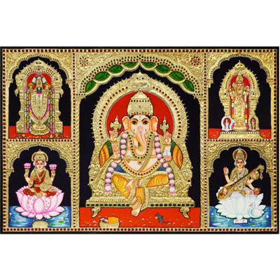 5 dieu - Balaji, Lakshmi, Murugan, Ganesha et Saraswathi | Peinture de Tanjore par My Angadi