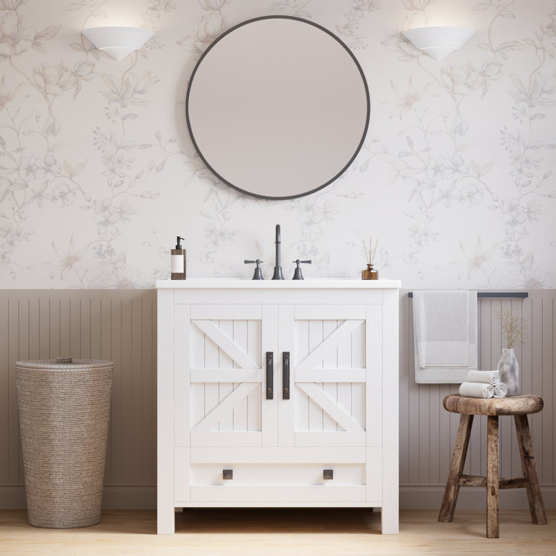 Farmhouse  30" Bathroom Vanity With Sink, Bathroom Cabinet With Drawer, White