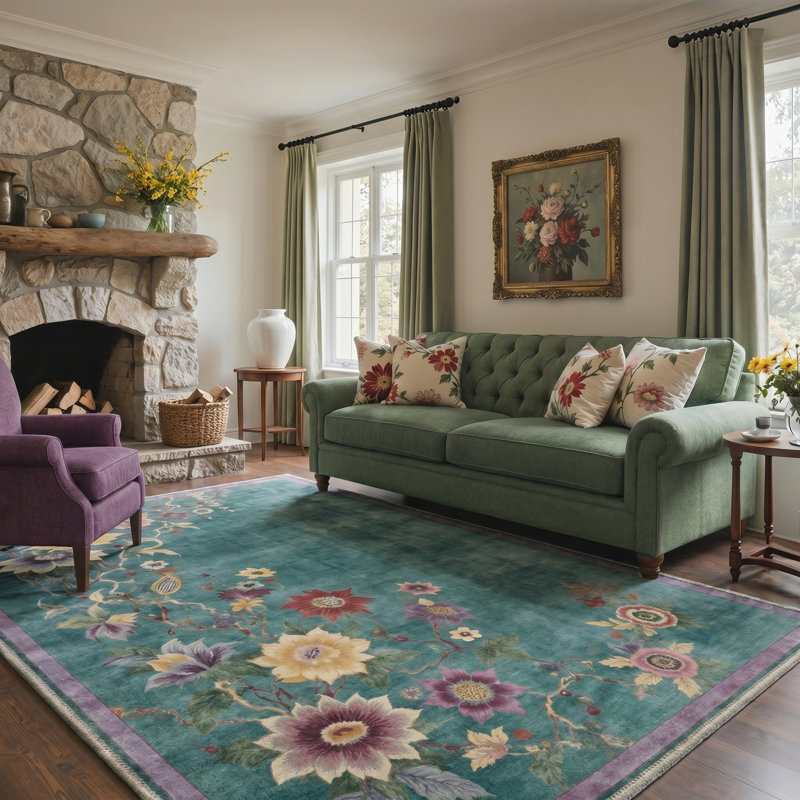 Valencia Vintage Floral Machine Washable Green Indoor Area Rug with Non-Slip Backing, Rectangle 9' x 12'