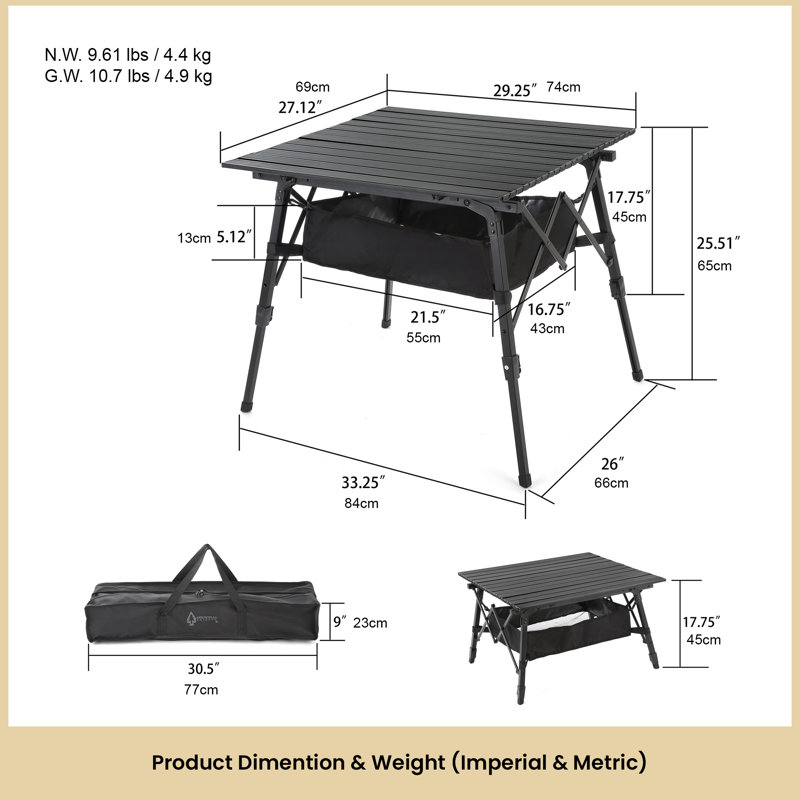 Table de camping 39 po, Noir