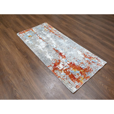 2'7" x 5'10" Orange Abstract with Fire Mosaic Design Wool & Silk Hand Knotted Rug