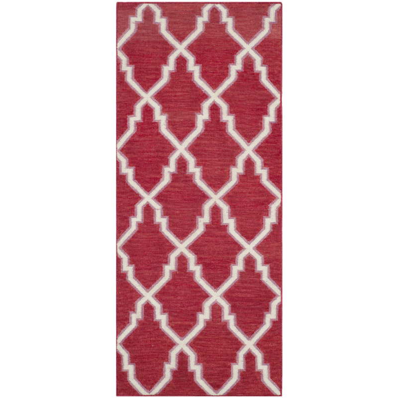 Stahl Hand Woven Flat Weave Wool/Cotton Geometric Rug in Red/Ivory, Runner 2'6" x 6'