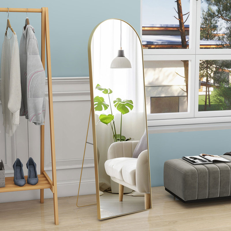 Modern Arched Full Length Mirror, Large Floor Mirror With Aluminum Frame And HD Glass For Bedroom Or Entryway, Gold