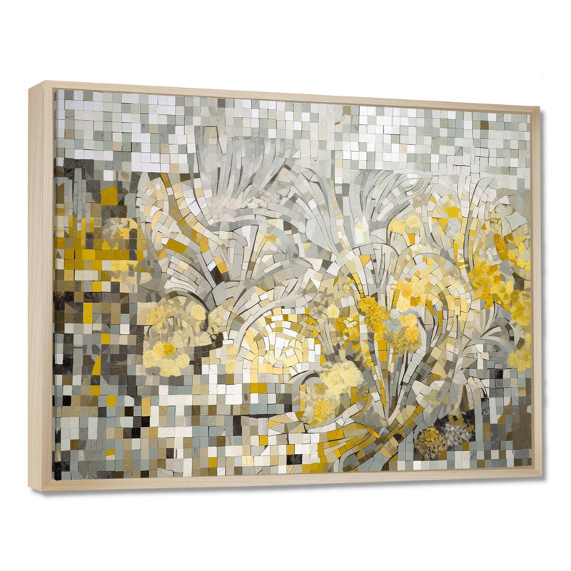 Kameia jaune et crème Bohemian Medley I - art mural mosaïque bohème, H 12 po x l 20 po x P 1 po, Cadre flottant érable