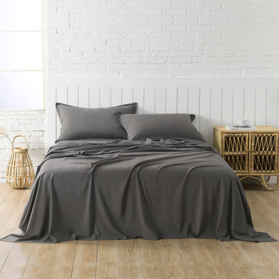 Charcoal Grey Linen-Textured Bed Sheets Set, Rayon From Bamboo, Cotton , Linen Blend Bed Sheets Queen Size, Soft Cool & Breathable For Hot Sleepers,Du