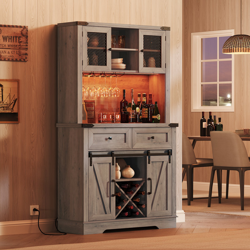 Valerie 70.8" Bar Cabinet with Light and Power Outlet, Sliding Barn Door, Glass and Wine Rack, 2 Drawers, Gray