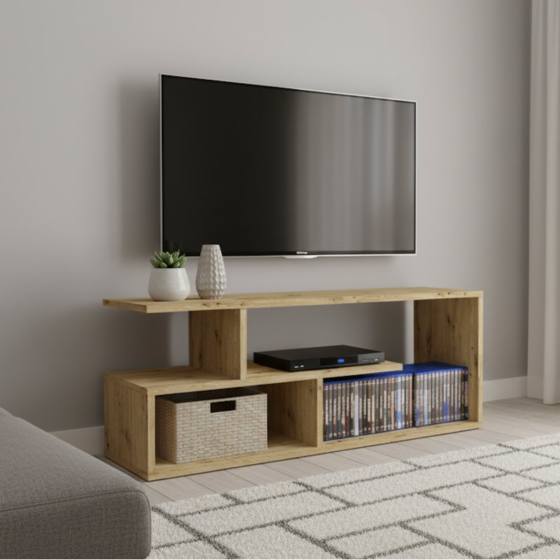 100cm Wide Floating TV Stand with Open Storage, Oak Wood
