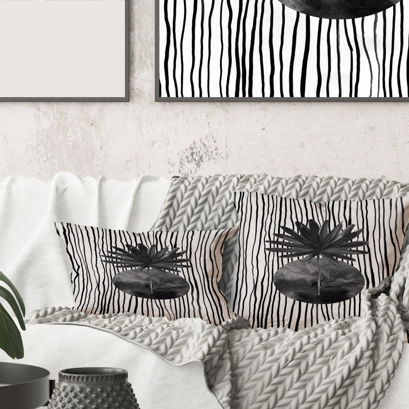 Carré, feuille tropicale noire et blanche sur un coussin rayé I - imprimé moderne, 18" x 18"