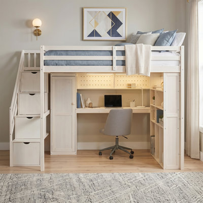 Lit mezzanine double pour lit double avec bureau, peu encombrant, bois, bureau et bibliothèque, escalier de rangement, contemporain, chambre d'enfant