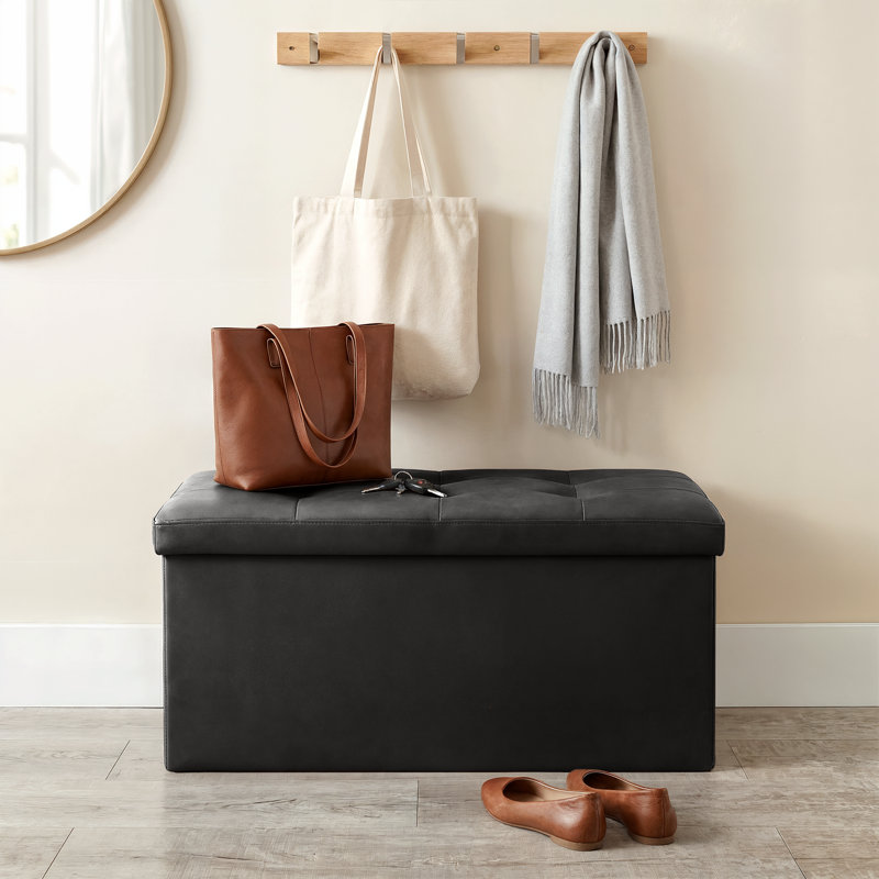 30" Upholstered Folding Storage Ottoman, PU Leather Tufted Footrest End of Bed Bench with Padded Seat, Black