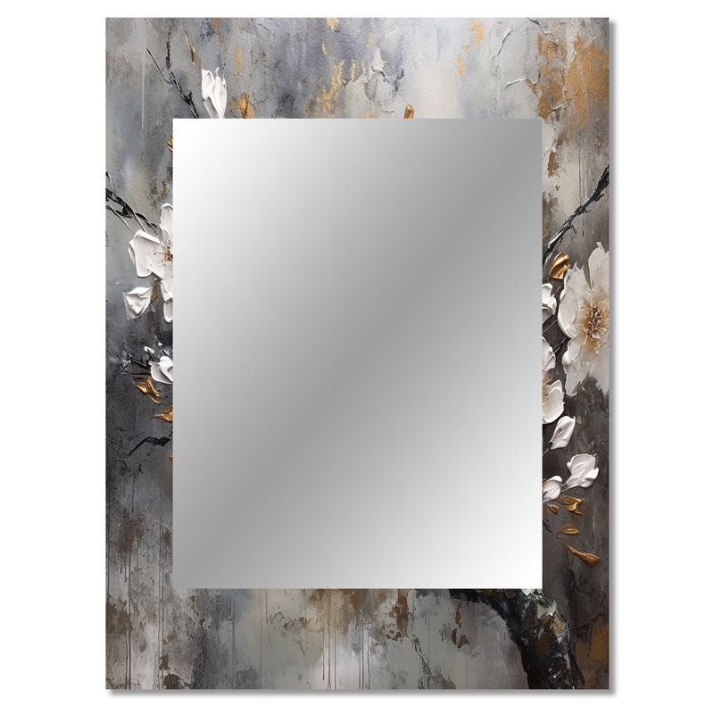 White Grey Cherry Blossum Harmony I - Floral Decorative Wall Mirror, Traditional Mirror, Printed Metal Art, 40" x 30"