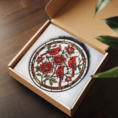 Trois panneaux de vitrail rouge Cardinals Suncatcher pour décor de fenêtre