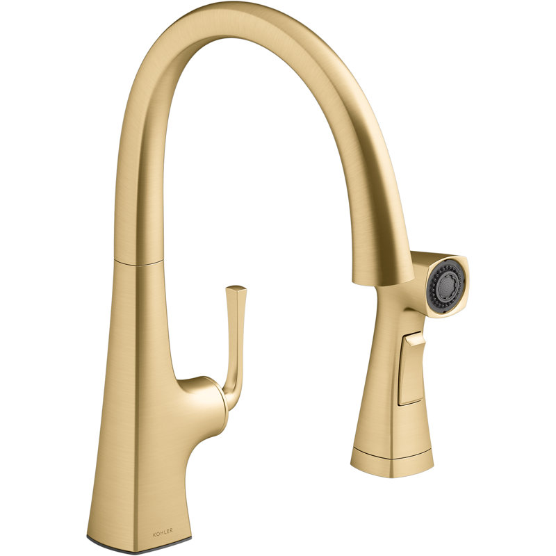 Graze Kitchen Sink Swing Spout Faucet With Sidespray, Vibrant Brushed Moderne Brass