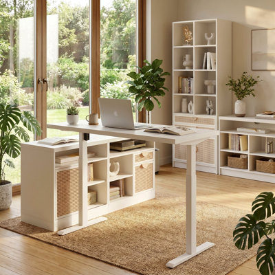 Bureau debout réglable en forme de L de 67 po avec 2 classeurs, AC / USB et bureau assis-debout Adonia