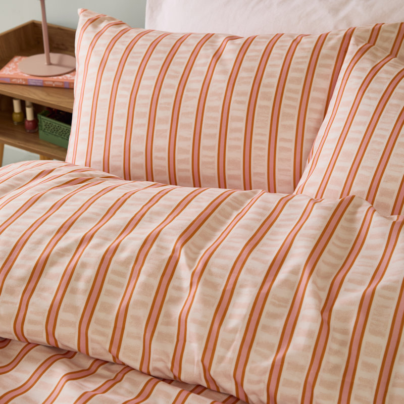 Hettie Polyester Striped Duvet Cover Set with Pillowcases, Orange, Double Duvet Cover + 2 Standard Pillowcases