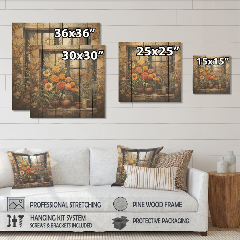 Fenêtre de ferme jaune et verte I - fenêtre florale sur bois, H 36 po x l 36 po