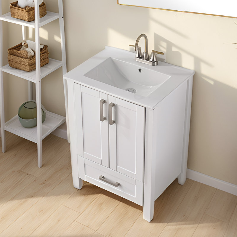 24" Modern Free Standing Single Bathroom Vanity with Ceramic Top, White, Silver