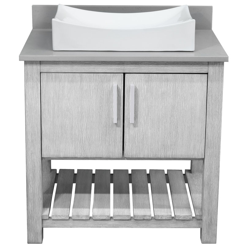 Meuble-lavabo de 30 po avec comptoir en quartz gris et lavabo en porcelaine, quincaillerie en nickel brossé et miroir