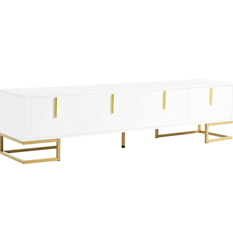 Meuble télé blanc et doré avec pieds réglables en métal, console à tablettes géométriques 80 po