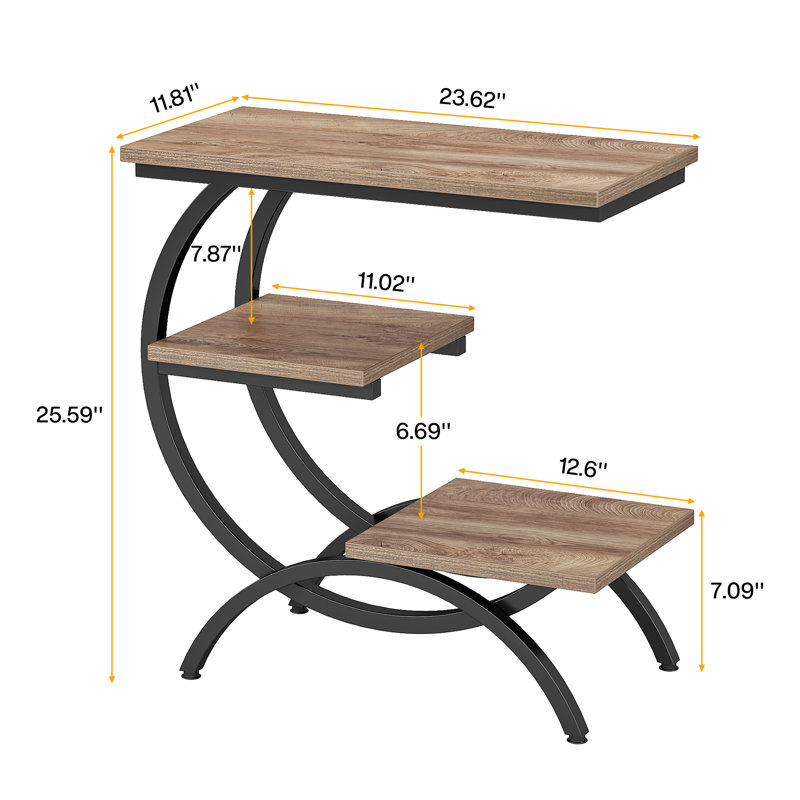 3-Tier C-Shaped End Table Set, 2PCS, Light Brown/Black