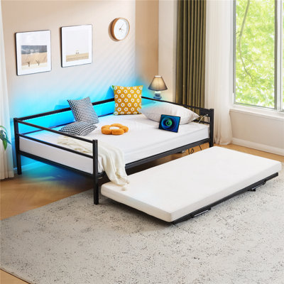Daybed With Charging Station And LED Lights,Heavy Duty Metal Day Daybed With Pop Up Trundle, No Box Spring Needed by Winado