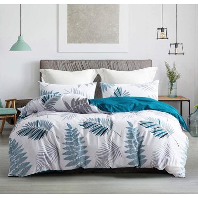 SLEEPBELLA Duvet Cover Set, 600 Thread Count Cotton White Leaf Floral Pattern Print Reversible Comforter Cover Set