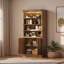 Bibliothèque moderne avec tablettes de rangement ouvertes, tablettes réglables à 3 niveaux, éclairage à DEL et armoire