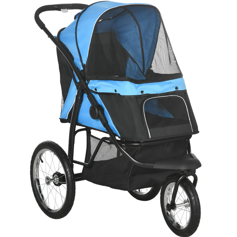 Buggy Airyona bleu pour petits et moyens chiens, 3 grandes roues, pliable avec toit ajustable, corde, bac de rangement, poussette Nuance moyen grand pliable, parasol, attache, compartiment,