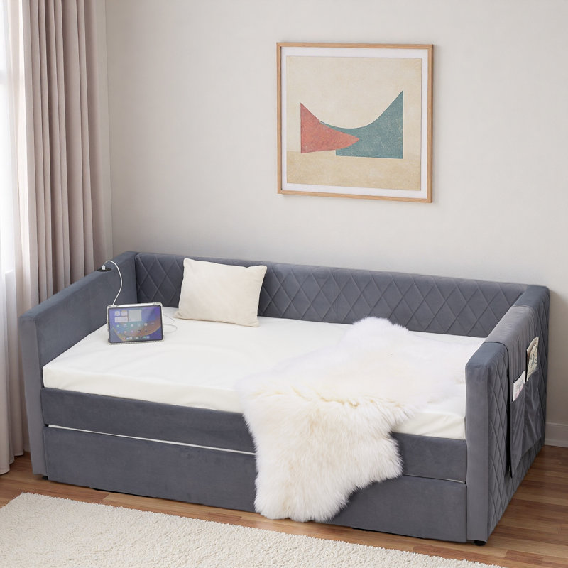 Diamond Grid Velvet Daybed With Usb Charging, Side Pocket And Trundle, Gray