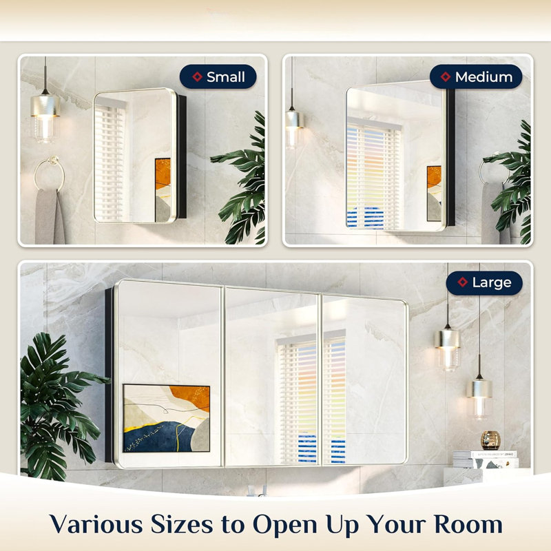 Armoire à pharmacie en nickel brossé pour salle de bain avec miroir, cadre en acier inoxydable, tablettes réglables, encastré ou mural, conception rectangulaire arrondie, fabrication durable