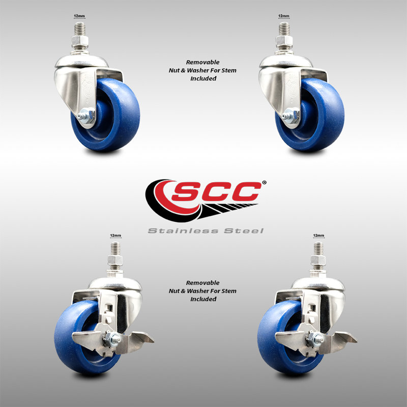 316SS Solid Polyurethane Swivel Threaded Stem Caster Set 2 Brake